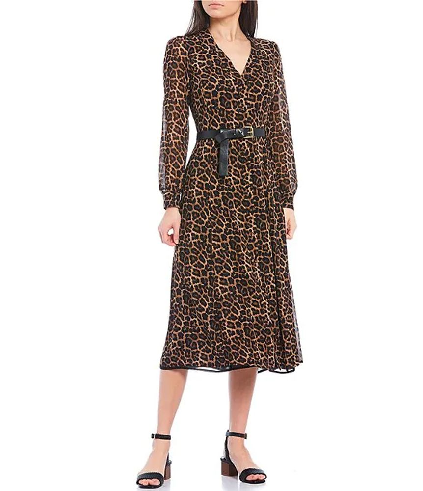 Michael Kors Nubian Cheetah Print Georgette Balloon Sleeve Belted Midi  Shirt Dress | Alexandria Mall