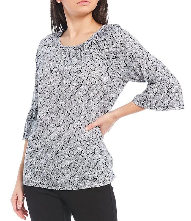 Michael Kors Arabesque Paisley Patchwork Print Knit Jersey 3/4 Sleeve Top |  Brazos Mall