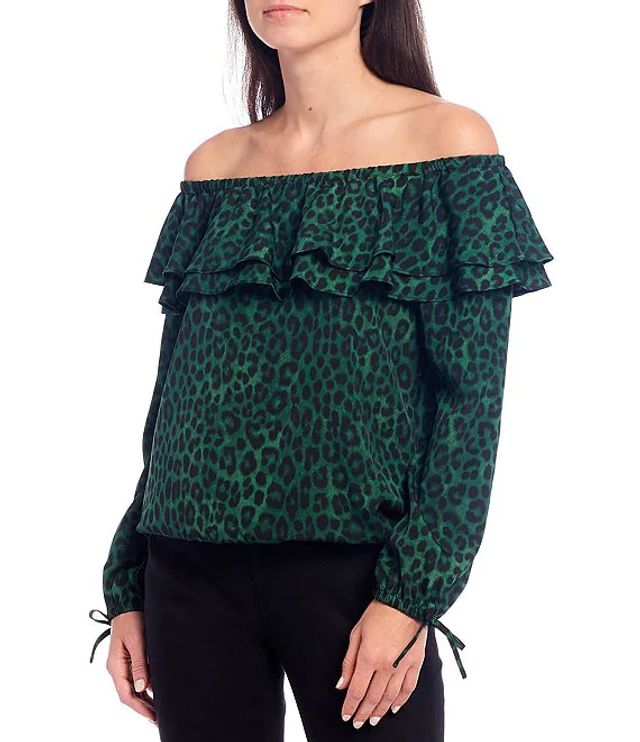 Michael Kors Pebble Crepe Mega Cheetah Print Double Ruffle Off-the-Shoulder  Top | Alexandria Mall