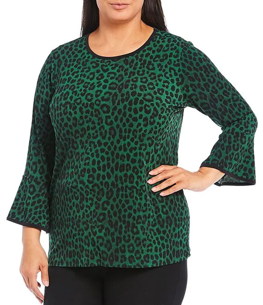 Michael Kors Plus Cheetah Print Matte Jersey Scoop Neck 3/4 Flounce Sleeve  Top | Alexandria Mall