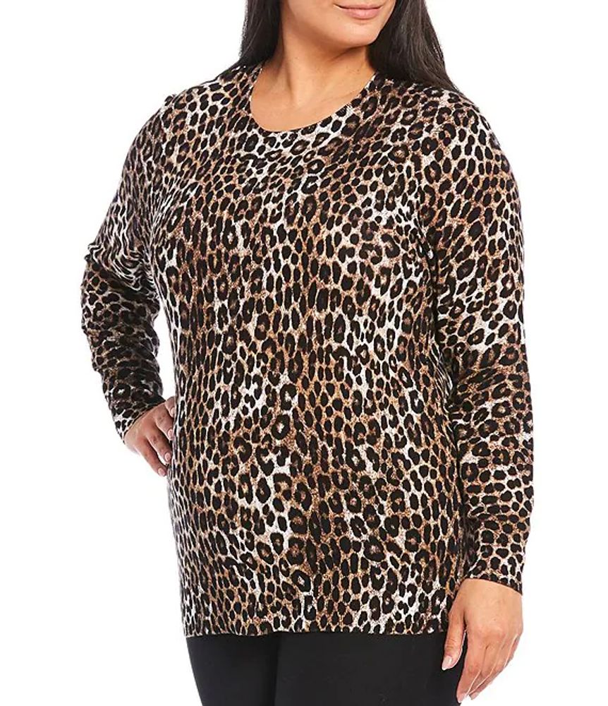 Michael Kors Plus Cheetah Print Scoop Neck Long Sleeve Sweater Top |  Alexandria Mall