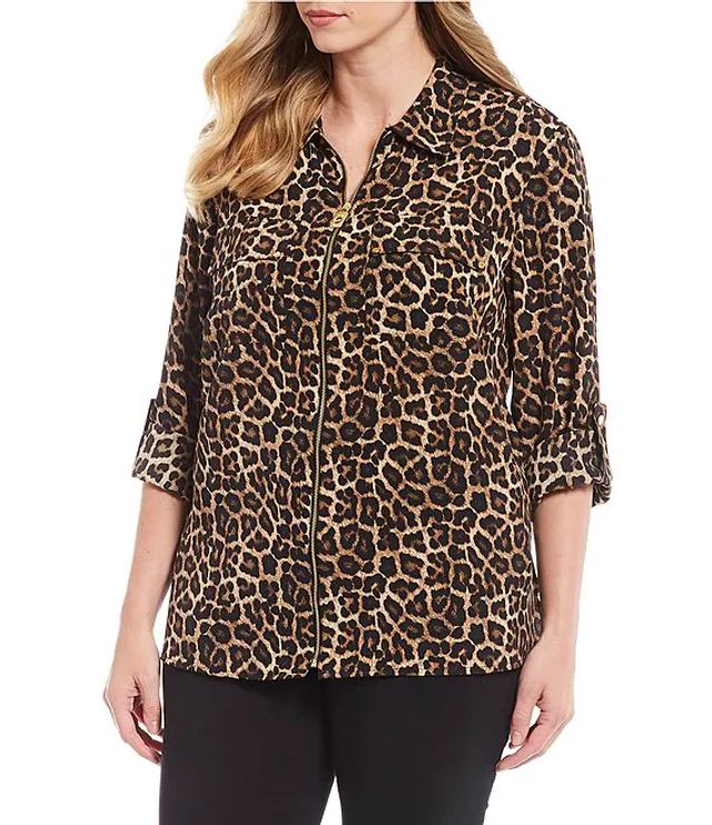 Michael Kors Cheetah Print Matte Jersey V-Neck Zip Front Long Sleeve Top |  Alexandria Mall