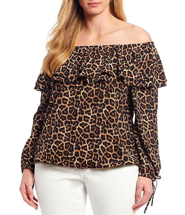 Michael Kors Leopard Print Ruffle Off-the-Shoulder Long Sleeve Top |  Alexandria Mall