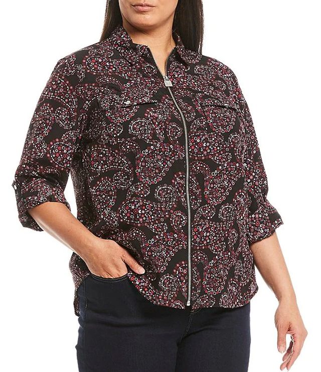 Michael Kors Plus Floral Pop Paisley Print Pebble Crepe Roll-Tab Sleeve Zip  Front Top | Alexandria Mall