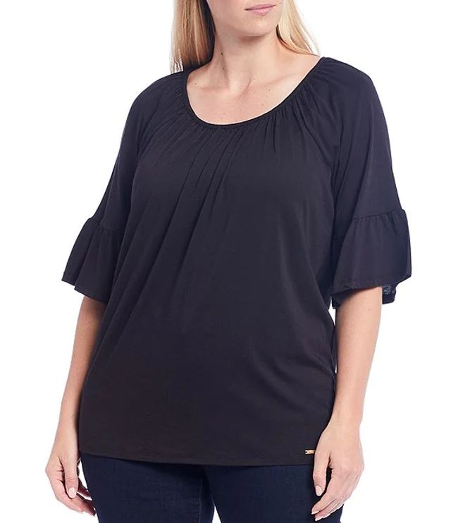 Michael Kors Plus Solid Knit Jersey Scoop Neck 3/4 Sleeve Gathered Peasant  Top | Alexandria Mall