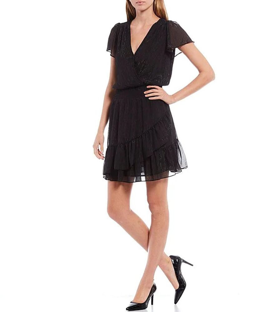 Michael Kors Shimmer Crinkle Flutter Sleeve Faux Wrap Dress | Alexandria Mall