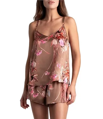 Midnight Bakery Satin Floral Print Sleeveless V-Neck Cami & Shorty Set