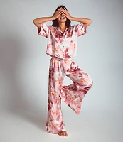 Midnight Bakery Satin Shadow Leaf Print Short Sleeve Notch Collar & Pant Pajama Set