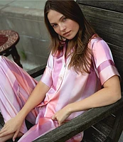 Midnight Bakery Striped Short Sleeve Notch Collar Satin Shirt & Palazzo Pant Pajama Set