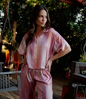 Midnight Bakery Striped Short Sleeve Notch Collar Satin Shirt & Palazzo Pant Pajama Set