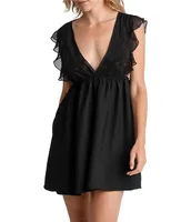 Midnight Bakery Textured Satin Chiffon Deep V-Neck Short Sleeve Tie Back Lace Detail Ruffled Chemise