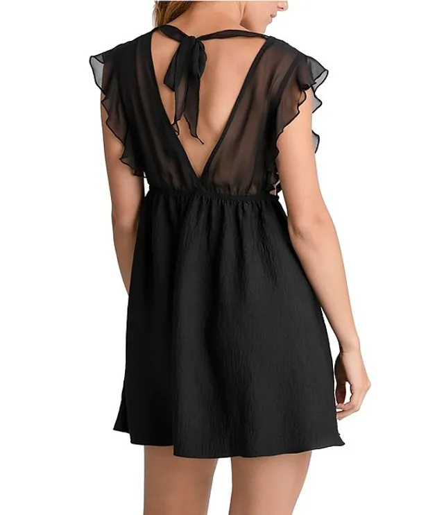 Midnight Bakery Textured Satin Chiffon Deep V-Neck Short Sleeve Tie Back  Lace Detail Ruffled Chemise