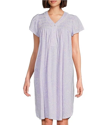 Miss Elaine Paisley Print Short Sleeve V-Neck Button Front Placket Silky Knit Nightgown