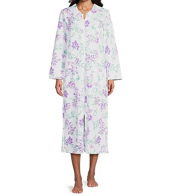 Miss Elaine Petite Floral Quilt-In-Knit Long Sleeve Zip Front Robe