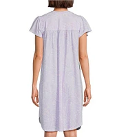 Miss Elaine Petite Paisley Print Short Sleeve V-Neck Silky Knit Button Front Placket Nightgown