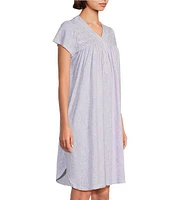Miss Elaine Petite Paisley Print Short Sleeve V-Neck Silky Knit Button Front Placket Nightgown