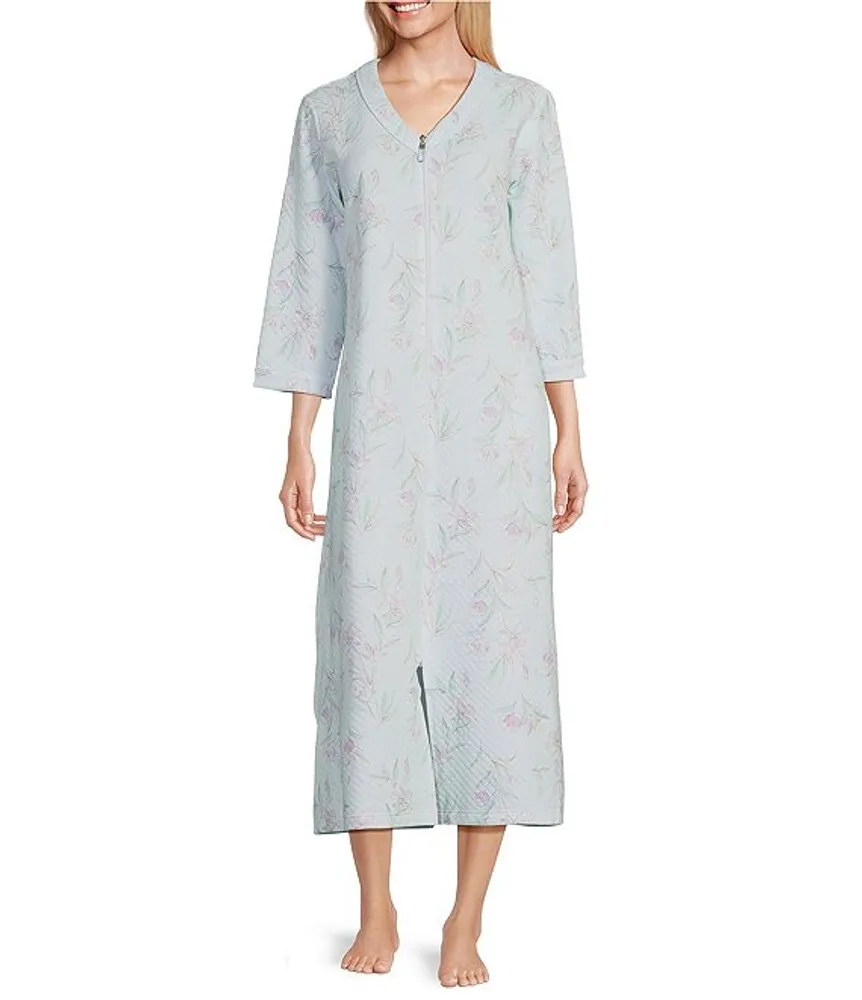 Miss Elaine Petite Size Quilt-In-Knit Floral Stems Long Zip-Front Robe