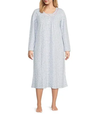 Miss Elaine Plus Brushed Rosewood Print Honeycomb Knit Long Sleeve Nightgown