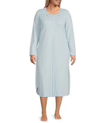 Miss Elaine Plus Pointelle Brushed Honeycomb Knit Jewel Neck Long Sleeve Nightgown