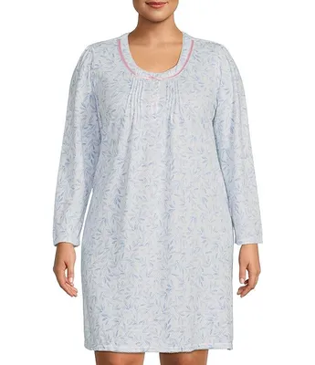 Miss Elaine Plus Rosewood Print Brushed Honeycomb Knit Long Sleeve Short Nightgown