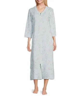Miss Elaine Quilt-In-Knit Floral Stems Long Zip-Front Robe