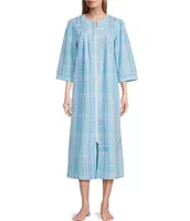 Miss Elaine Robe Seersucker Long Plaid Zip-Front