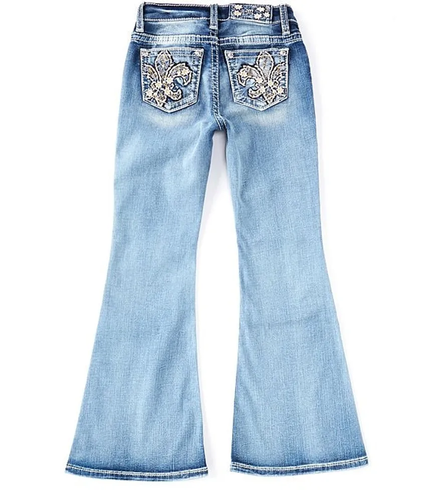 Miss Me Big Girls 7-16 Mid Rise Dark Wash Flare Detailed Fleur De Lis Denim  Jean