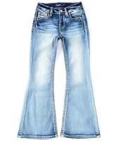 Miss Me Big Girls 7-16 Mid Rise Dark Wash Flare Detailed Fleur De Lis Denim Jean