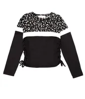 Moa Big Girls 7-16 Long-Sleeve Crew Neck Color Block Animal Cinched Top