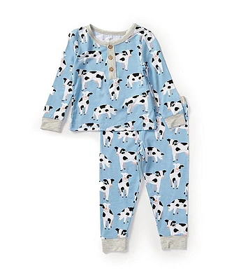 Mud Pie Baby Boys 9-18 Months Long-Sleeve Cow-Print Pajama Tee & Matching Pant Set