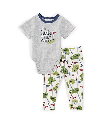Mud Pie Baby Boys Newborn-9 Months Short-Sleeve Hole One Bodysuit & Golf-Themed-Printed Pant Set