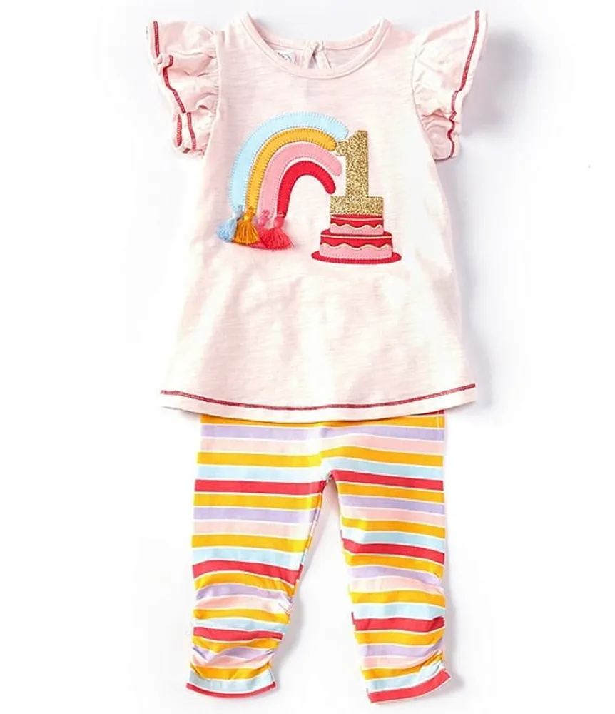 Mud Pie Baby Girls 12-18 Months Flutter-Sleeve 1st Birthday Applique Tunic & Striped Ruched Hem Leggings Set