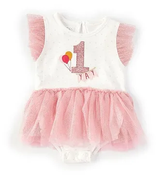 Mud Pie Baby Girls 12-18 Months Flutter-Sleeve Printed 1st Birthday Tutu Bodysuit