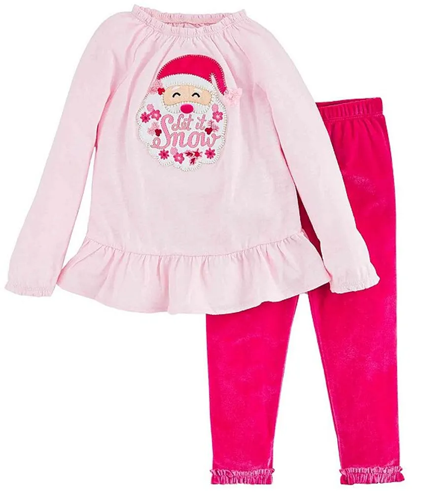 Mud Pie Baby Girls 12-18 Months Long Sleeve Santa Face Applique Slub Tunic  & Velvet Leggings Set