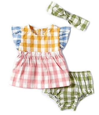 Mud Pie Baby Girls 3-12 Months Flutter-Sleeve Gingham-Checked Pinafore Top & Bloomer and Headband Set