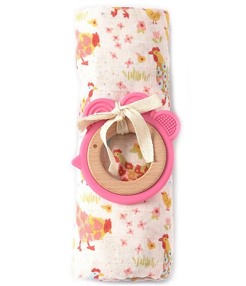 Mud Pie Baby Girls Chicken Floral Printed Swaddle Blanket & Teething Ring 2-Piece Set