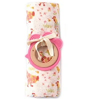 Mud Pie Baby Girls Chicken Floral Printed Swaddle Blanket & Teething Ring 2-Piece Set