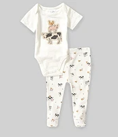 Mud Pie Baby Girls Newborn-9 Months Short-Sleeve Farm Friends Slub-Knit Bodysuit & Allover Printed Waffle-Weave Footed Pant Set