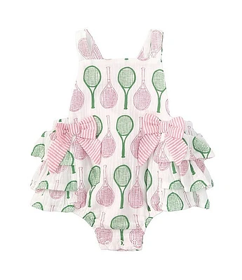 Mud Pie Baby Girls Newborn-9 Months Sleeveless Seersucker Tennis-Themed Ruffled-Seat Bodysuit