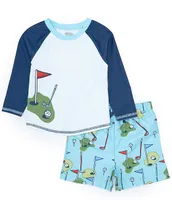 Mud Pie Baby/Little Boys 6 Months-5T Raglan Sleeve Golf Theme Seersucker Rashguard T-Shirt & Golf-Theme Printed Swim Truncks Set