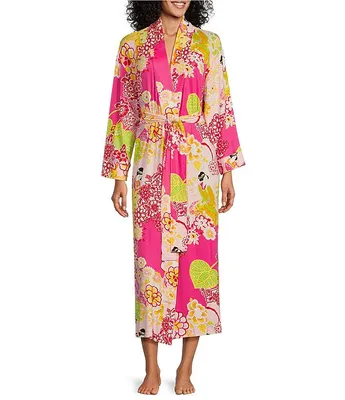 N By Natori Cozy Knit Garden Print Long Sleeve Shawl Collar Wrap Robe