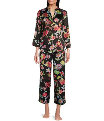 N by Natori Dragon Floral Satin 3/4 Sleeve Split V-Neck Coordinating Pajama Set