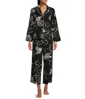 Natori Satin Floral Print Long Sleeve Notch Collar Sleep Shirt & Matching Pant Pajama Set