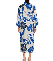 Natori Satin Palm Print Long Sleeve Shawl Collar Coordinating Wrap Robe
