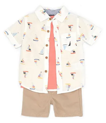 Nautica Baby Boys 12-24 Months Short Sleeve Printed Poplin Shirt, Solid Knit T-Shirt & Woven Shorts Set