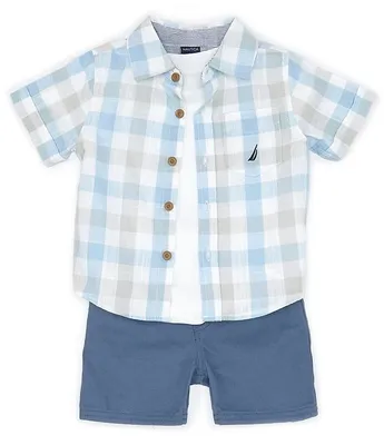 Nautica Baby Boys 12-24 Months Short Sleeve Yarn Dyed Plaid Woven Shirt, Knit T-Shirt & Microsuede Twill Shorts Set