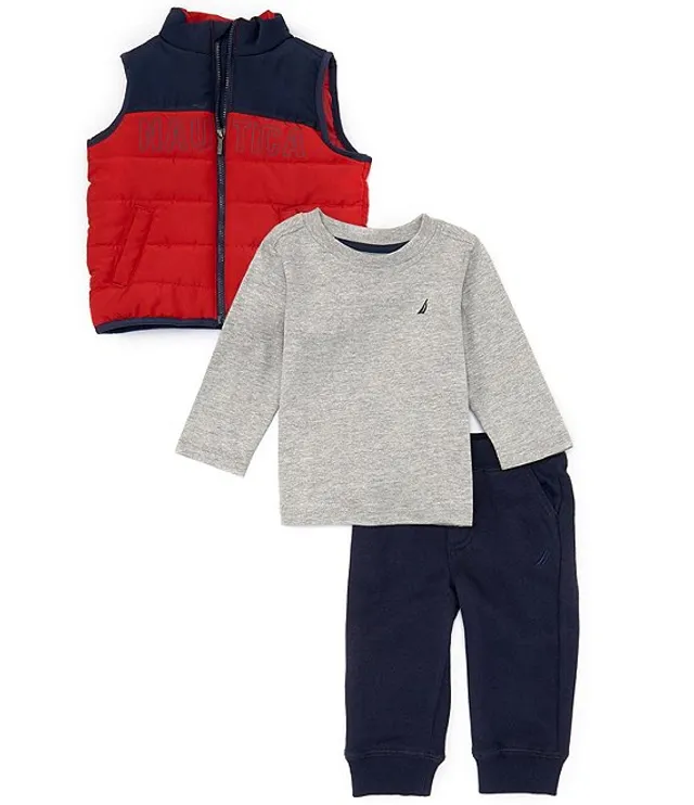 Nautica Baby Boys 12-24 Months Sleeveless Color Block Puffer Vest, Long  Sleeve Solid Knit Tee & Fleece Jogger Pant Set