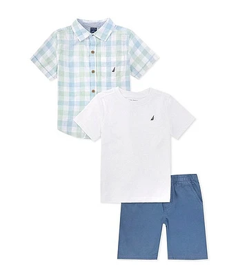 Nautica Little Boys 2T-7 Short Sleeve Plaid Woven Shirt, Solid Jersey T-Shirt & Shorts Set