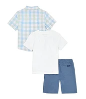 Nautica Little Boys 2T-7 Short Sleeve Plaid Woven Shirt, Solid Jersey T-Shirt & Shorts Set