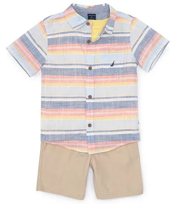 Nautica Little Boys 2T-7 Short Sleeve Striped Woven Shirt, Solid Jersey T-Shirt, & Shorts Set